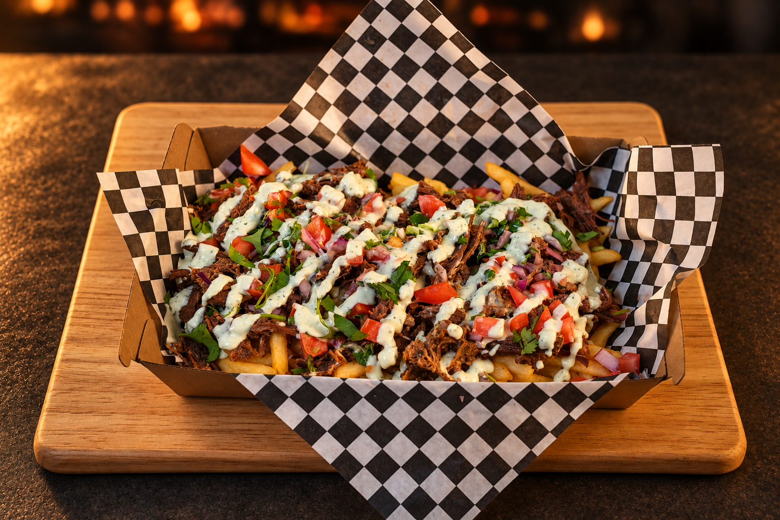 Beef Raptor Fries with shredded beef, diced vegetables and creamy sauce